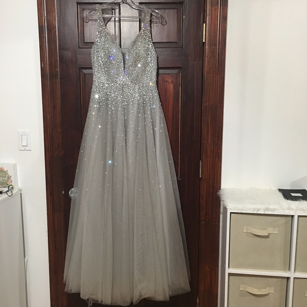 Silver Crystal Embellished Tulle Ball Gown - Picture 4 of 16